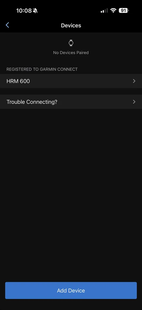 Garmin app showing No Devices Paired