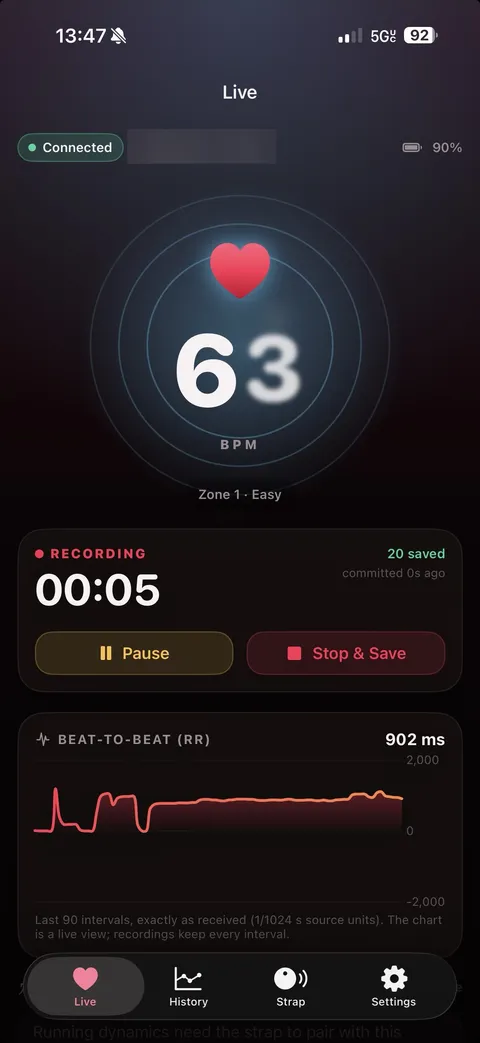 StrapLink live screen: 63 bpm, recording, beat-to-beat chart